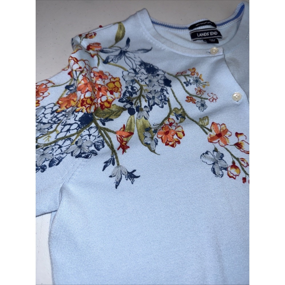 Lands End Embroidered Cardigan Light Blue Floral Feminine NWOT Sz Med Pima Cotto - Picture 5 of 13